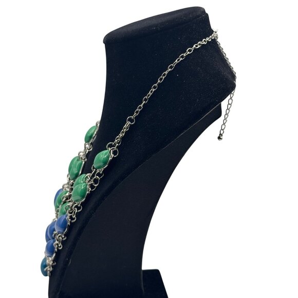 Chunky Multicolor Layered Necklace With Green & Blue Beads On Silver Chain - Picture 4 of 5